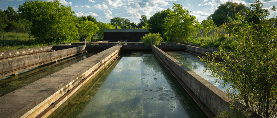 Image of sedimentation tanks at an abandoned water treatment facility full of algae and in need of an algaecide